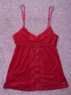 Vintage Y2K Hollister 2000s Lace Trim Button Down Babydoll Cami Tank Top